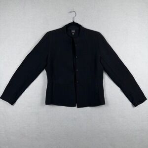 Eileen Fisher Womens Black Textured Blazer Jacket Sz XS Band Collar Classic Silk